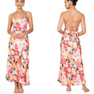 Petal + Pup Posse Pink Floral Print Draped Crisscross Midi Slip Dress